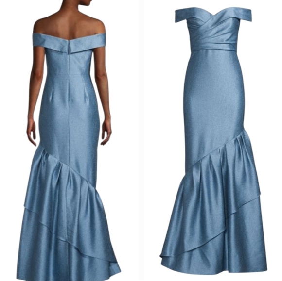 Aidan Mattox Blue Metallic Off-the-Shoulder Ruffle Mermaid Gown Maxi Dress 16 - Picture 2 of 16